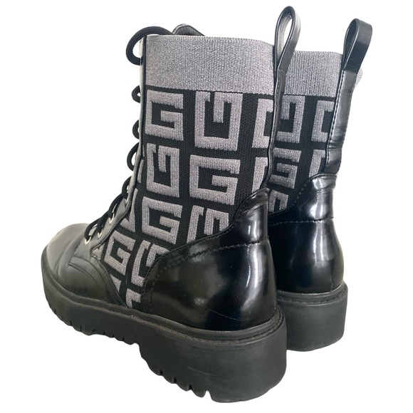 Guess Olinia Women’s Combat Boots 9.5 Black Vegan Patent Leather Silver Monogram - Picture 4 of 13